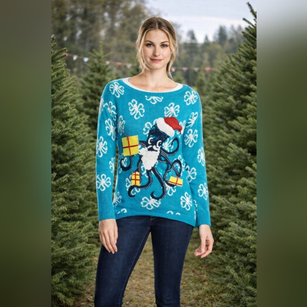 Festive Blue Octopus Sweater with Santa Hat